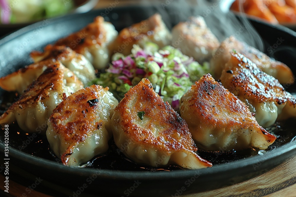 Pan-fried dumplings with topping on black plate, blurry restaurant background Pan-fried dumplings with topping on black plate, blurry restaurant background