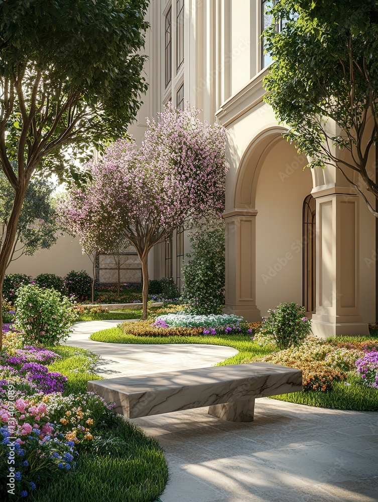 Obraz premium elegant landscape design with numerous landscape trees and a classic marble bench.