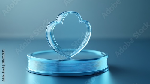 Clear Acrylic Heart-Shaped Decoration on a Circular Base with Soft Blue Background and Artistic Lighting Effects