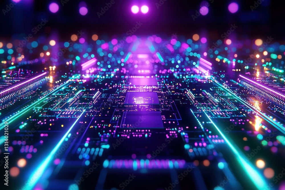 Cybernetic Pathways Circuit board illuminated with neon lights, technological, vibrant Cybernetic Pathways Circuit board illuminated with neon lights, technological, vibrant