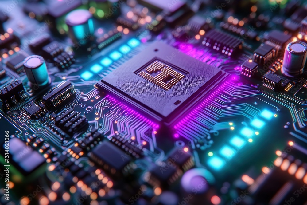 Glowing processor chip on circuit board, technology background, close-up view Glowing processor chip on circuit board, technology background, close-up view