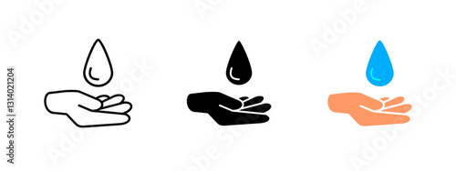 Water drop in hand icon. Droplet falling into open palm. Hydration, hygiene and environmental care symbol. Represents purity and water conservation. Vector illustration of cleanliness.