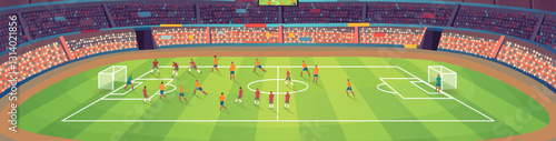 Soccer stadium. A large stadium arena with fans and a soccer field. Soccer field and fans. Soccer fans cheer their team.