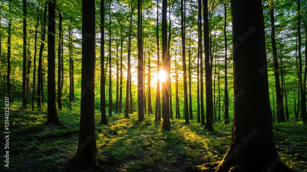 Obraz premium Sunlight Filtering Through Lush Green Forest Trees at Dawn