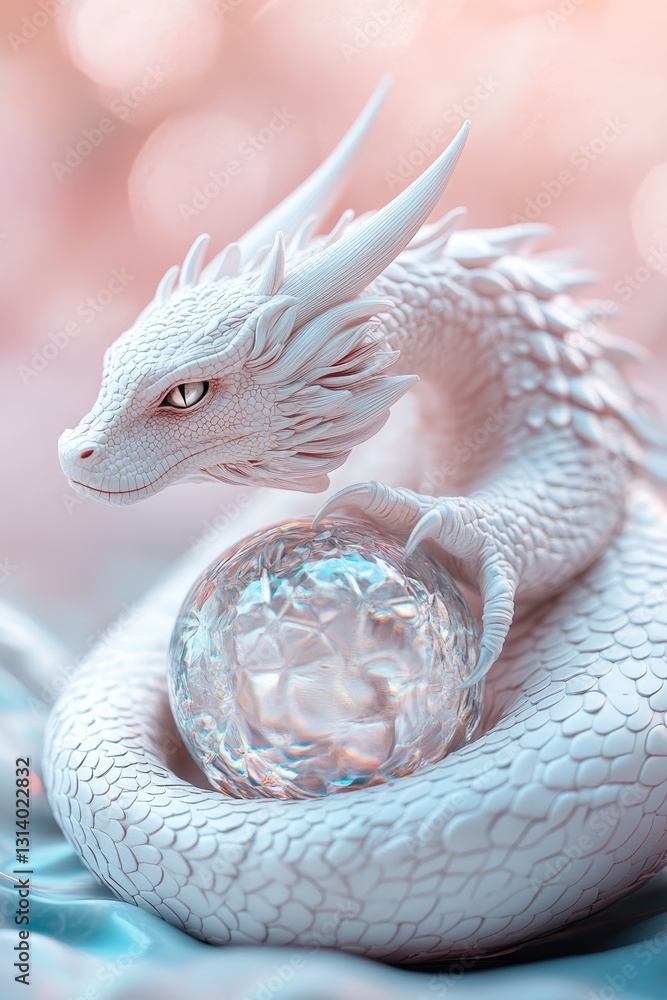 Fototapeta premium A porcelain dragon curls around a crystal orb, its body covered in intricately detailed scales. The glossy finish contrasts with the fierce expression, blending fantasy with elegance.