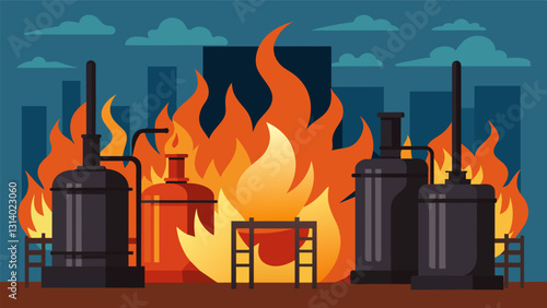 Flames flickering and dancing in the distillation tanks as crude oil is heated to extreme temperatures.. Vector illustration