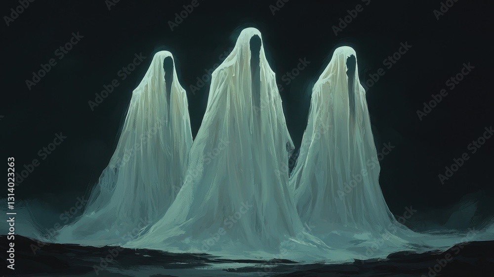Ethereal Ghostly Figures in Atmospheric Dark Setting with Mysterious Aura Ethereal Ghostly Figures in Atmospheric Dark Setting with Mysterious Aura