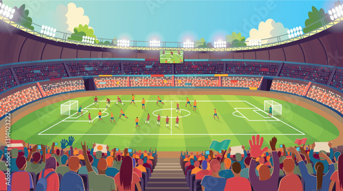 he stadium's Grand Arena with a football match and fans. Soccer stadium. A large stadium arena with fans and a soccer field. Soccer field and fans. Soccer fans cheer their team.
