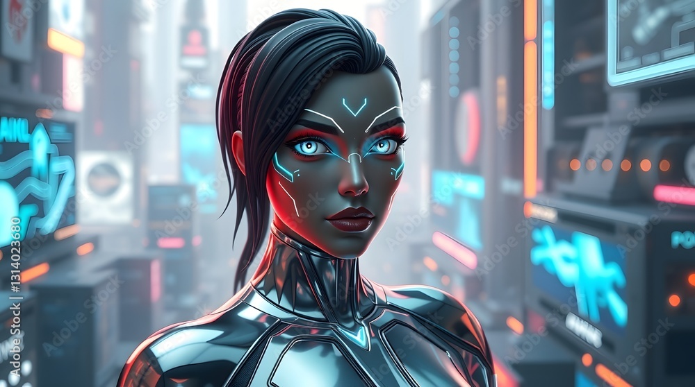 A hyperrealistic cyber avatar with glowing blue eyes, holographic facial markings, and a sleek, reflective bodysuit, set in a neon-lit futuristic city A hyperrealistic cyber avatar with glowing blue eyes, holographic facial markings, and a sleek, reflective bodysuit, set in a neon-lit futuristic city