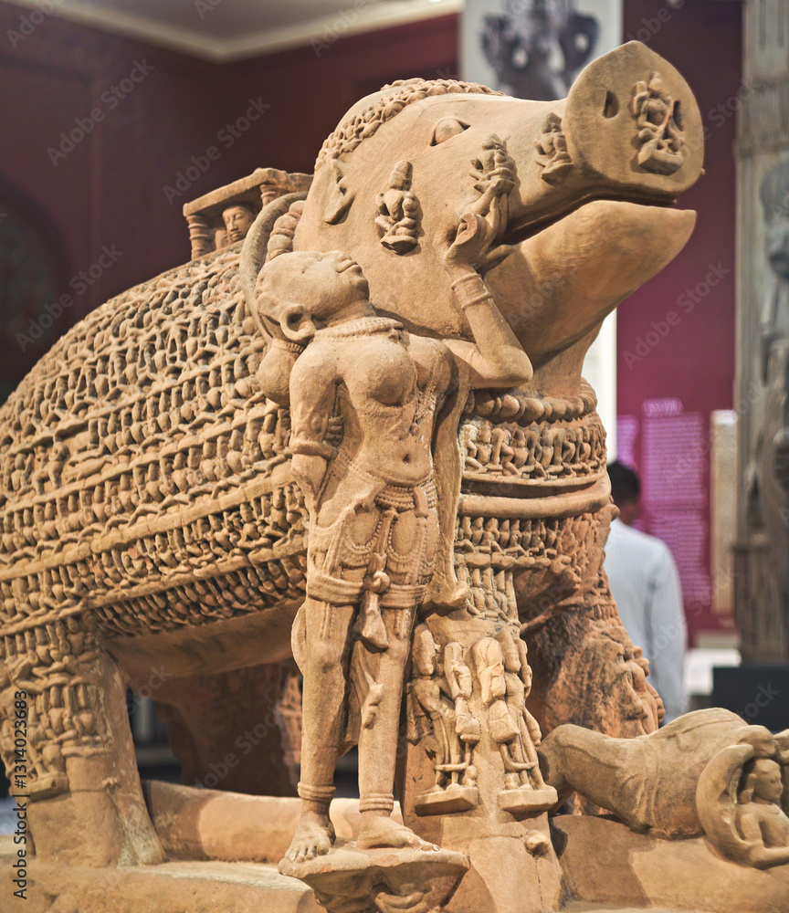 Close-up View On Varaha - Colossal Boar Is Third Incarnation Of Lord Vishnu. Varaha Is Depicted As Boar Or In Anthropomorphic Form, With Boar's Head And Human Body. Varaha and His Consort Bhumi