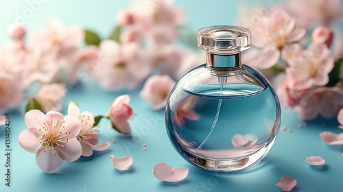 perfume bottle with flowers on blue background