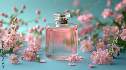perfume bottle with some flowers on blue background