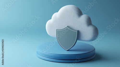 Cloud Computing Security Concept with Shield Symbol in Minimalist Style on Blue Background