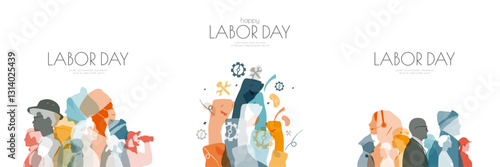Labor Day set. People of different professions together. Hands up in fists. Modern colorful design.
