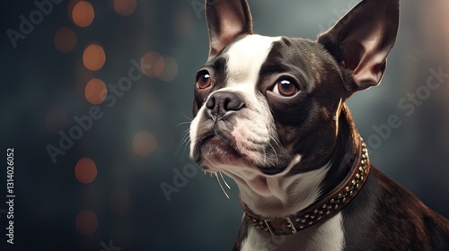 Wallpaper Mural Boston Terrier Dog Portrait with Leather Collar and Bokeh Lights Torontodigital.ca