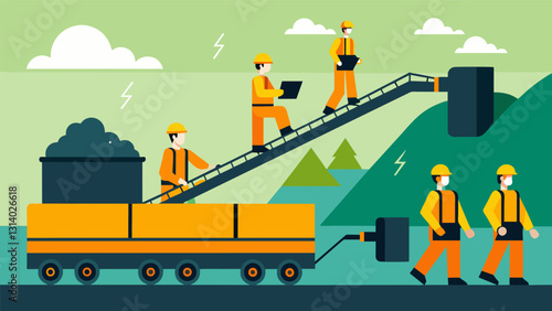 Skillfully navigating conveyor belts and chutes workers transport coal from one stage of the cleaning process to the next.. Vector illustration