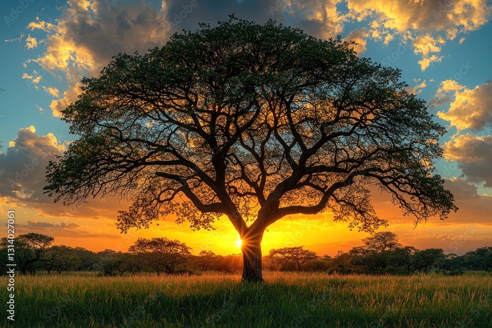 Fototapeta premium Lone tree stands in grassland as sun sets, sky glows with vibrant colors
