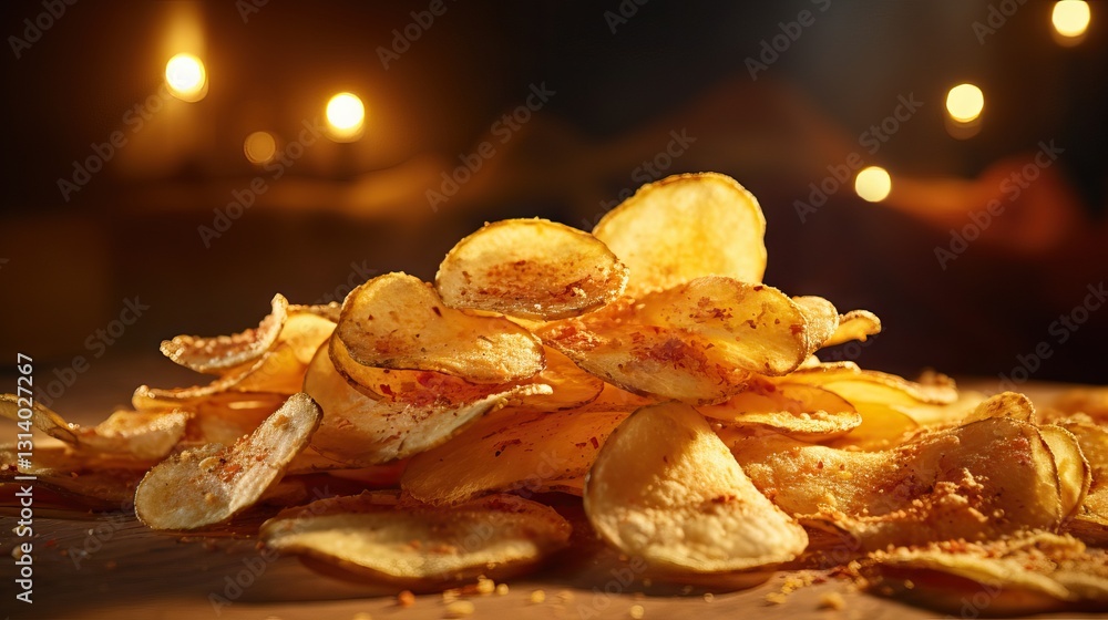 Golden Brown Potato Chips with Seasoning on a Wooden Table Golden Brown Potato Chips with Seasoning on a Wooden Table