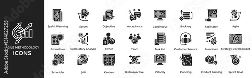 Agile Methodology icon set. Containing Sprint Planning, Scrum, Objective , Acceptance, Continuous
