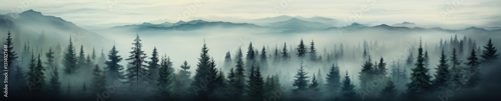 Misty Forest Landscape with Evergreen Trees and Mountain Range Misty Forest Landscape with Evergreen Trees and Mountain Range
