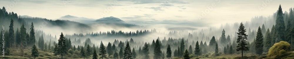 Obraz premium Misty Forest Landscape with Evergreen Trees and Rolling Hills