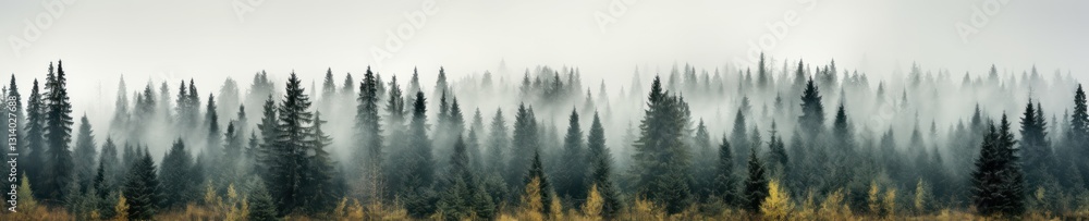 Misty Forest Landscape with Evergreen Trees and Yellow Foliage Misty Forest Landscape with Evergreen Trees and Yellow Foliage