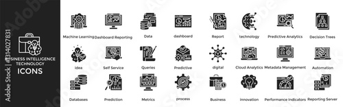 Business intelligence Technology icon set. Containing Machine Learning, Dashboard Reporting, Data, dashboard, Report