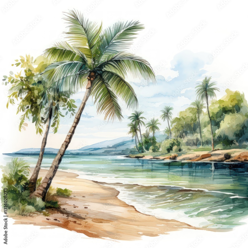Obraz premium Serene Tropical Beach Scene with Palm Trees and Calm Waters