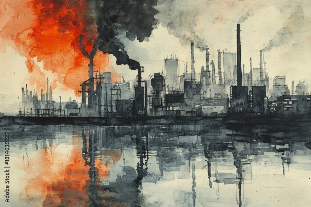 Obraz premium Vivid watercolor painting of an industrial landscape showcasing factories and smoke. The reflective water adds depth, highlighting environmental concerns.