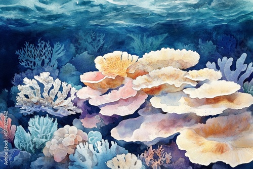 Explore a stunning underwater scene showcasing colorful coral formations and marine life, beautifully illustrated with vivid colors and intricate details.