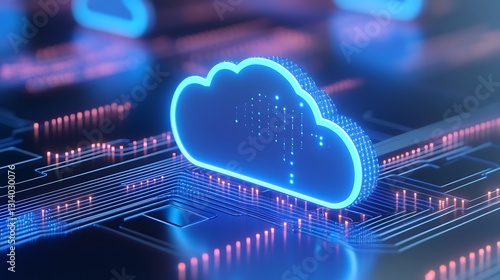 Digital Cloud Computing Concept with Circuit Board Elements and Neon Blue Glow in Background