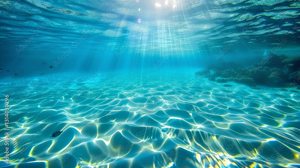 Naklejka premium crystal-clear water of the sea, light and shadow intertwined on top, the bottom covered with coral reefs, sunlight shining through the waves onto the underwater corals