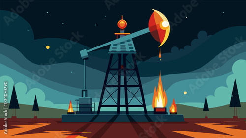 The oil derrick seems to come alive at night its metallic frame pulsating with energy as it drills ever deeper into the earths core.. Vector illustration