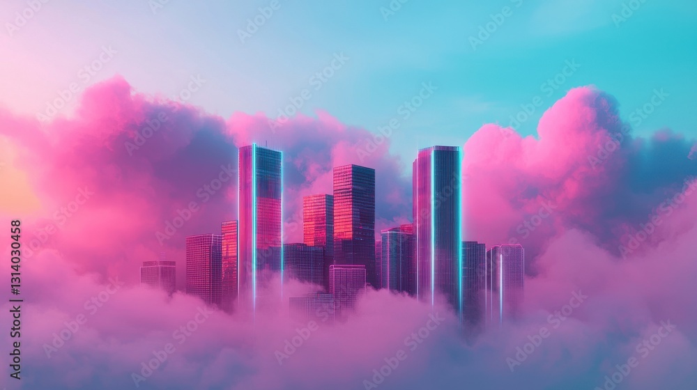 Fototapeta premium Futuristic Cityscape in Vibrant Pink and Blue Cloudy Sky
