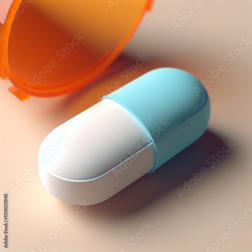 Medical Pill and Bottle: A close-up view of a light blue and white capsule and pill bottle, suggesting treatment or medicine.