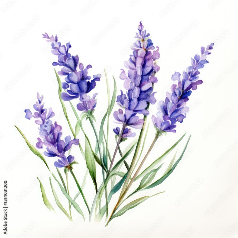 Obraz premium Watercolor Painting of Lavender Flowers with Green Stems and Leaves