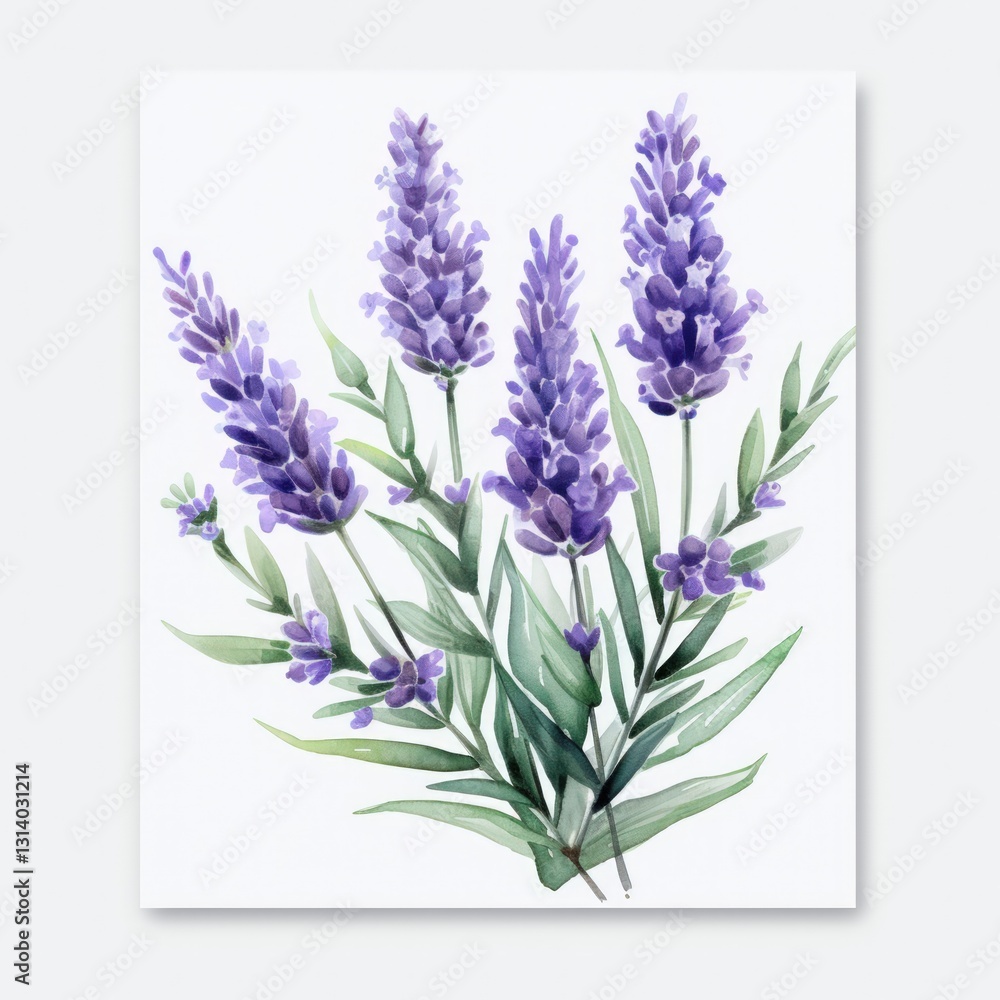 Fototapeta premium Watercolor Painting of Lavender Flowers with Green Leaves on a White Background