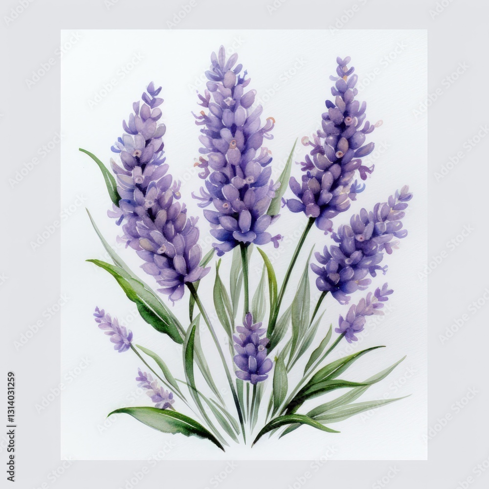Obraz premium Watercolor Painting of Lavender Flowers with Green Leaves