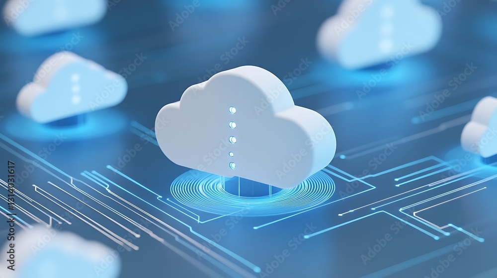 Digital Cloud Computing Illustration with Networking Elements and Blue Color Scheme for Technology Concepts