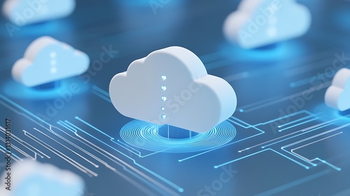 Obraz na płótnie Digital Cloud Computing Illustration with Networking Elements and Blue Color Scheme for Technology Concepts w salonie