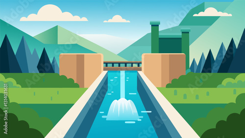 On its journey towards the hydroelectric plant the canal cascades over small waterfalls creating a soothing symphony as it flows downstream.. Vector illustration
