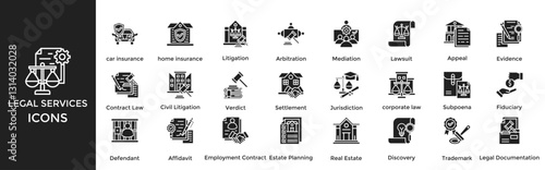 legal services icon set. Containing home insurance, Litigation, Arbitration, Mediation, Lawsuit