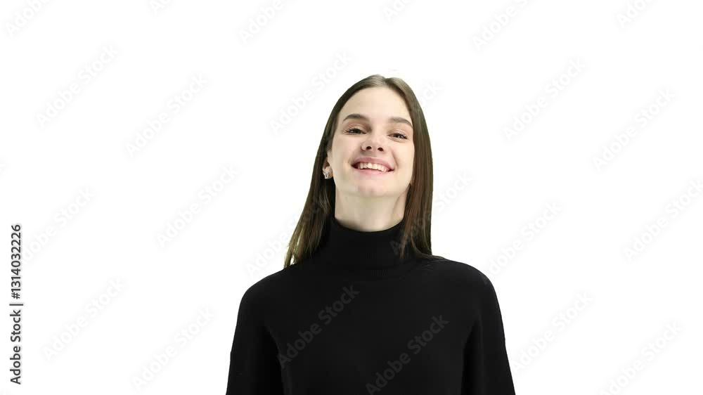 Woman, close-up, on a white background, pointing up Woman, close-up, on a white background, pointing up