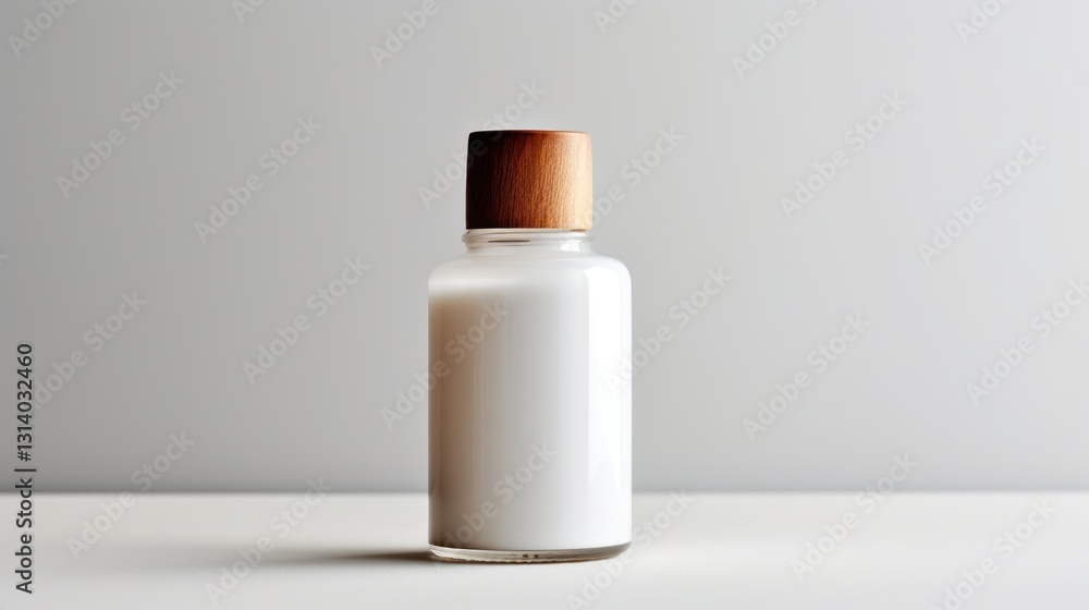 A Clean and Minimalist Glass Bottle with a Wooden Cap on a White Surface A Clean and Minimalist Glass Bottle with a Wooden Cap on a White Surface