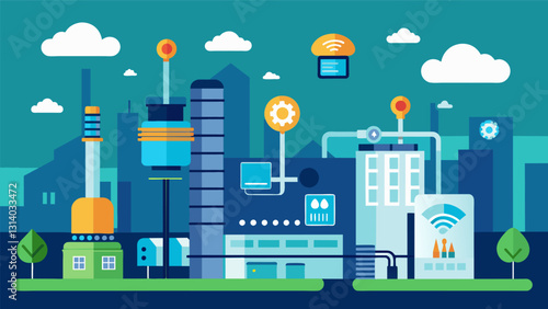 An industrial complex that uses smart energy management systems to monitor and optimize energy usage in realtime.. Vector illustration