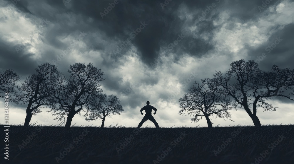 Fototapeta premium Dark Silhouette of a Person Against a Dramatic Stormy Sky