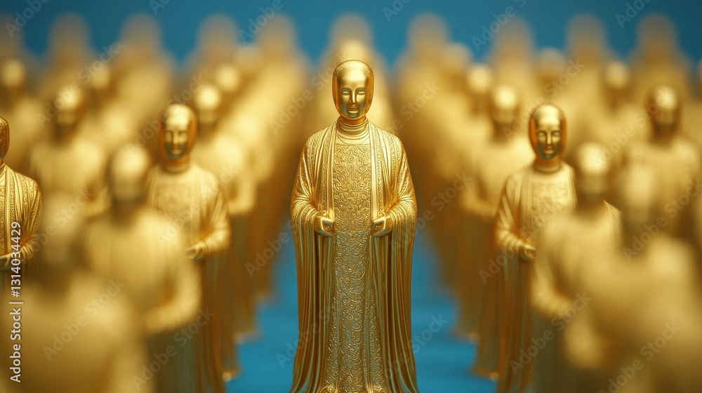 Fototapeta premium Gold Figurines of Buddha Standing in a Serene Blue Environment