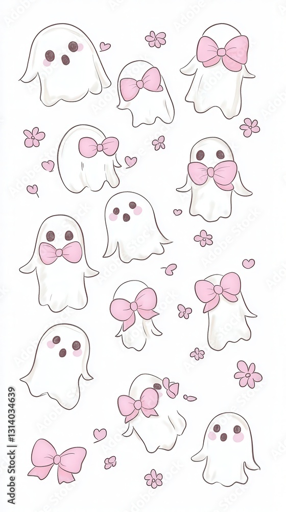 collection of whimsical kawaii ghosts adorned with pink bows and flowers, set against a bright white background, creating a joyful T-shirt print. collection of whimsical kawaii ghosts adorned with pink bows and flowers, set against a bright white background, creating a joyful T-shirt print.
