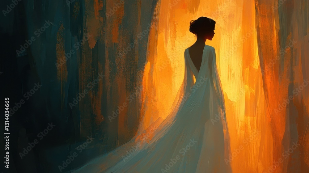 Elegant Silhouette of a Woman in a Flowing White Dress Against Light Elegant Silhouette of a Woman in a Flowing White Dress Against Light