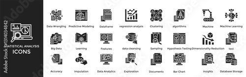 Statistical Analysis icon set. Containing Data Wrangling, Predictive Modeling, Dataframe, regression analysis, algorithms